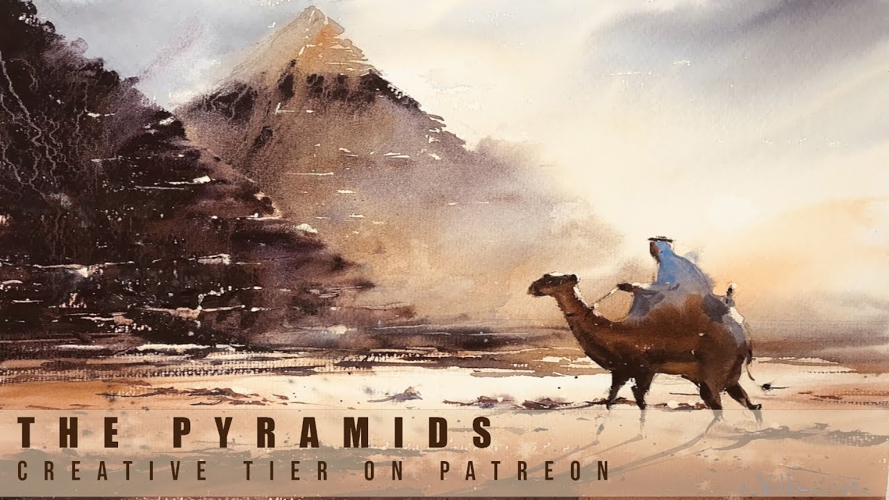 Loose Watercolor Painting Sunset in Desert Sand Pyramids Camel | Full Demo on Patreon