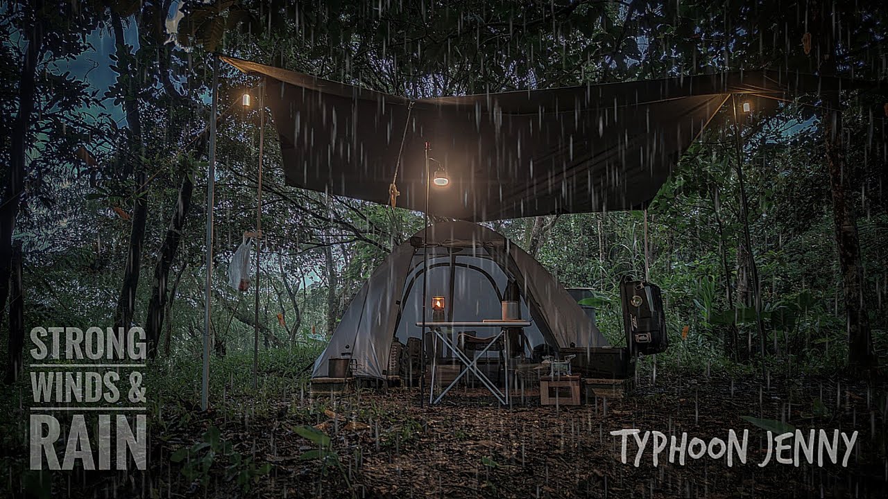 SOLO MOTOCAMPING IN RAINFOREST, STRONG WINDS & RAIN, TYPHOON JENNY, SILENT VLOG