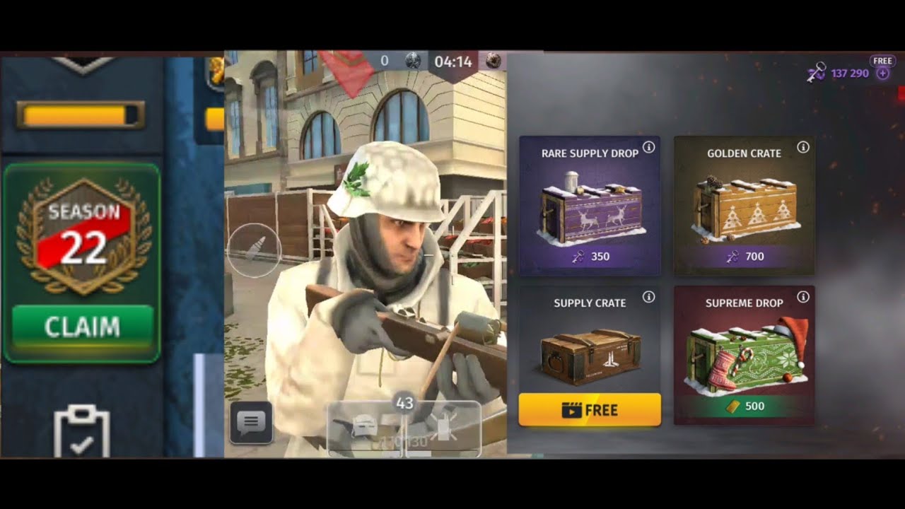 Season 22 + SNOWFRONT  Skin + 137000 keys WW2 battle combat android game 