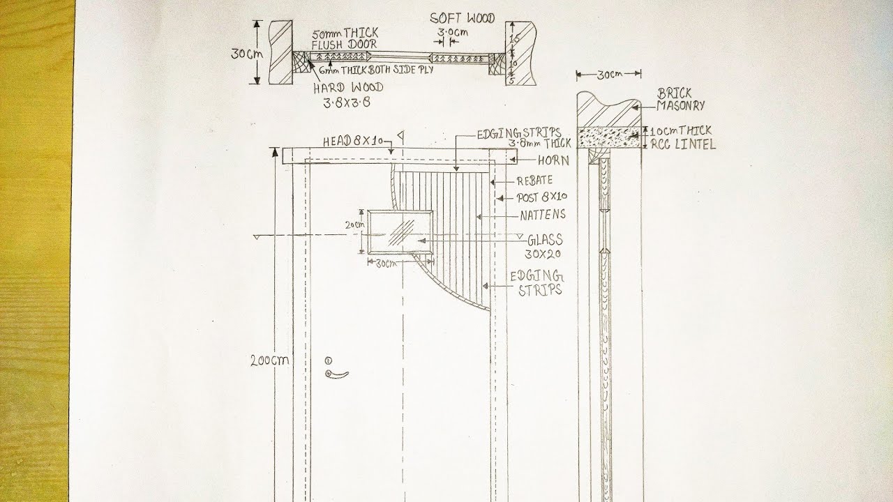Flush Door Drawing | Front Elevation | Sectional Plan | Sectional Side Elevation | Building Drawing