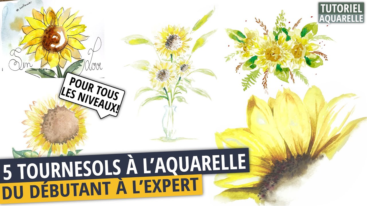 Tuto Aquarelle 5 façons de peindre un Tournesol pour chaque niveau, du débutant à l’expert 🌻+dessin