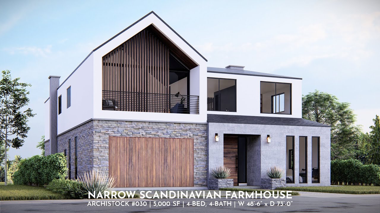 Narrow Scandinavian Farmhouse | 4-Bed + Den, 4-Bath | 48’-6” W x 73’-0” D