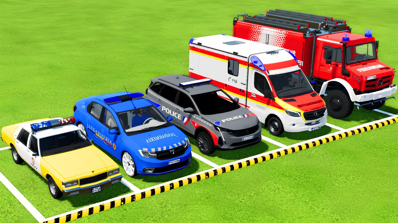 TRANSPORTING POLICE CARS, AMBULANCE CAR, FIRE DEPARTMENT WITH MAN TRUCKS ! Farming Simulator 22