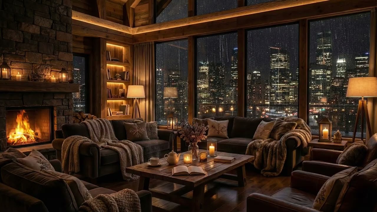 Heavy Rain on Window & Crackling Fireplace | Cozy City Night Ambience for Deep Sleep