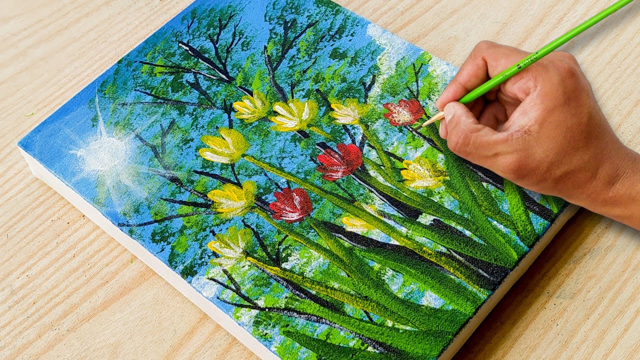 Flower sunrise painting tutorial / Canvas painting / Painting tutorial
