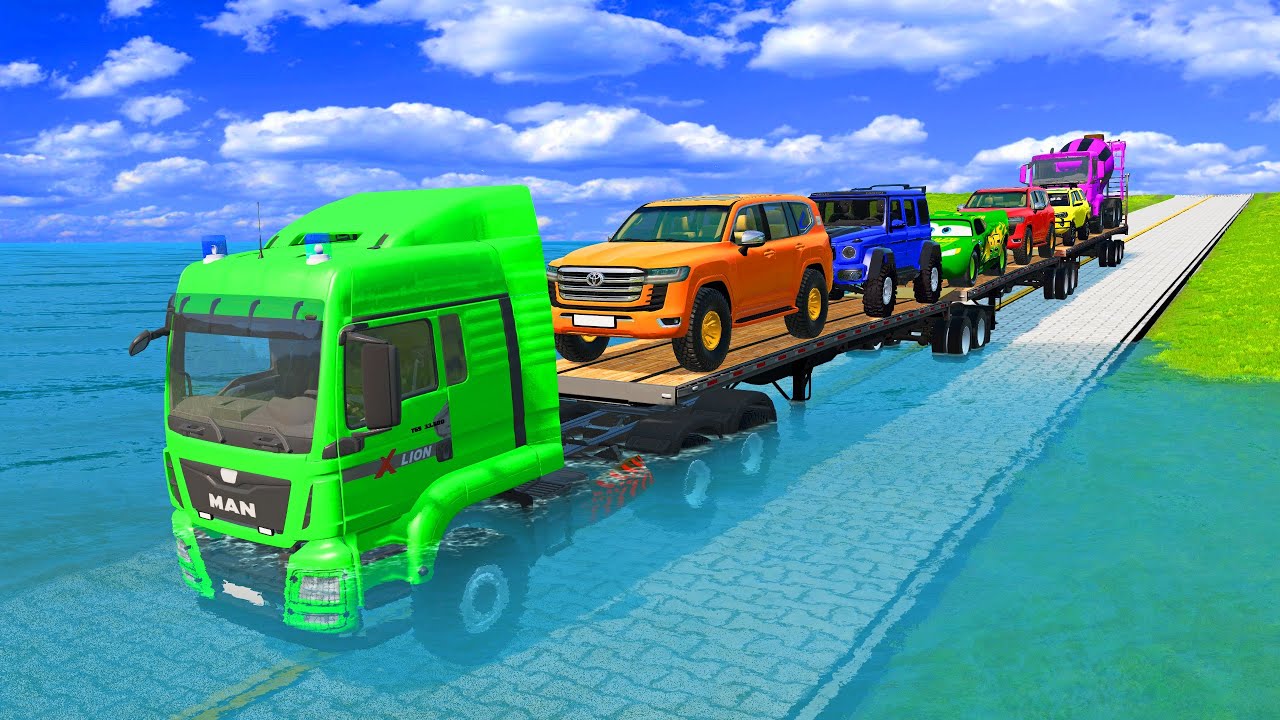 Triple Flatbed Trailer McQueen Transportation with Truck   Speedbumps vs Cars vs Train   BeamNG #028