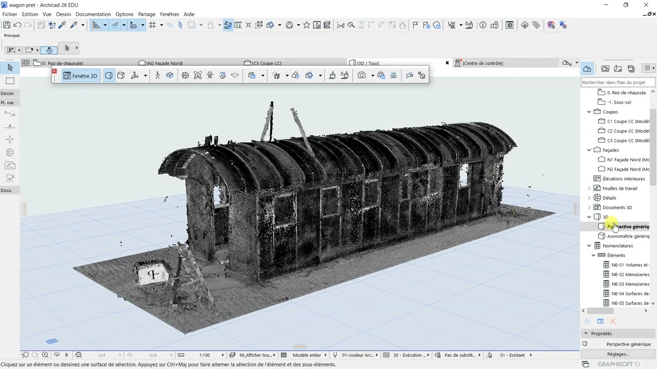 ARCHICAD : Nuage de points dessiner à partir d'un scan 3D  : préparation (traces et comparaison)