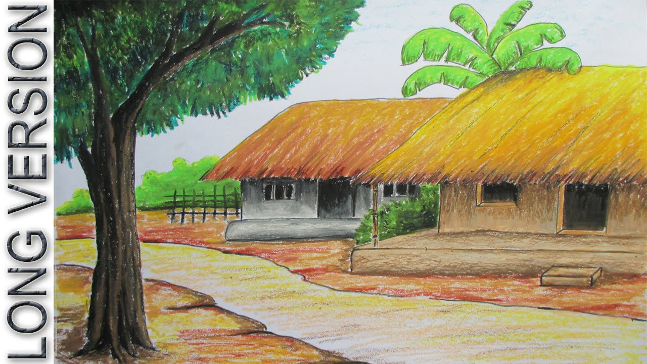 How to Draw Village Hut with Pastel Color [LONG VERSION]