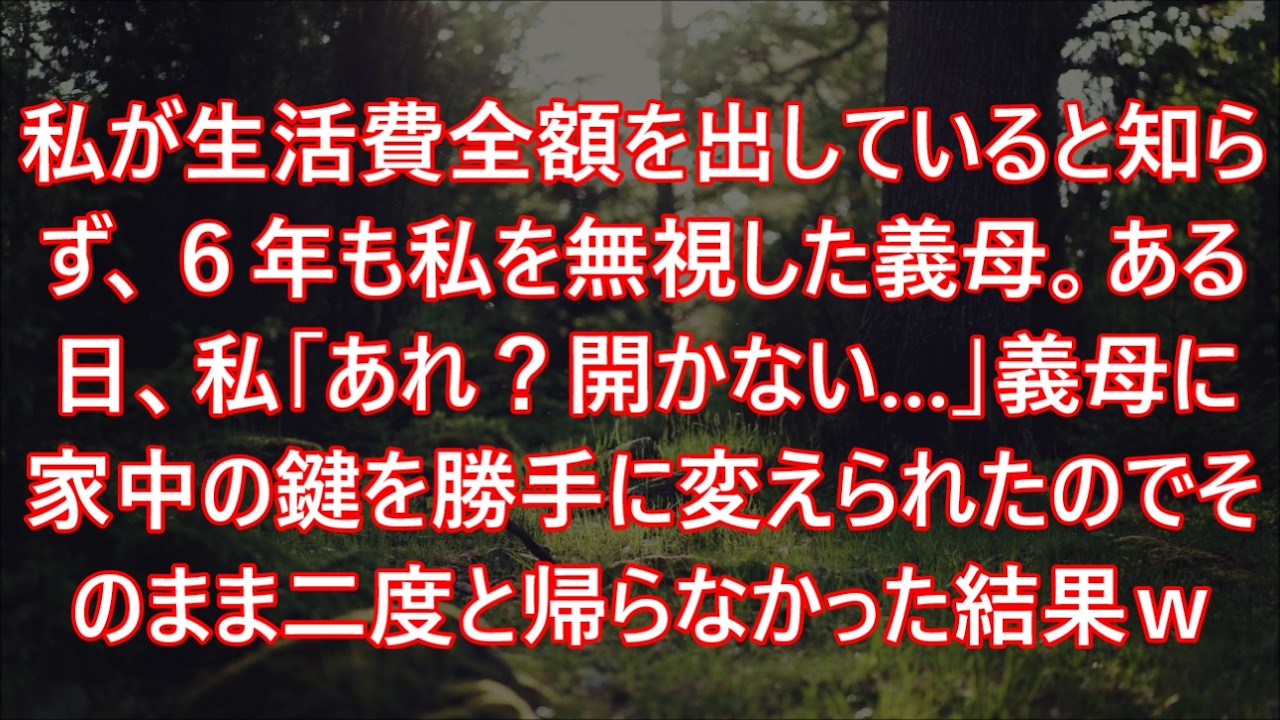 私が生活費全額を出していると知らず、６年も私を無視した義母。ある日、私「あれ？開かない…」義母に家中の鍵を勝手に変えられたのでそのまま二度と帰らなかった結果ｗ