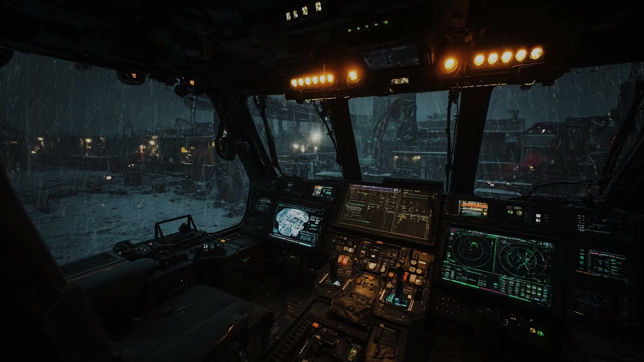 Futuristic Storm Cockpit with Rain and Thunder Sounds for Focus, Calm, and Sci-Fi Night Immersion