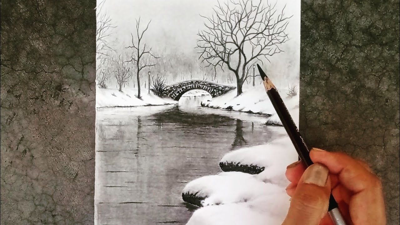 A winter bridge landscape drawing with pencils for beginners.