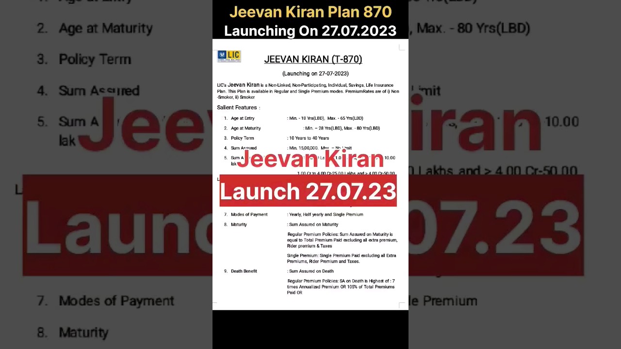 Launch Date 27.07.2023 Lic Jeevan Kiran Plan 870  #launch #lic #shorts