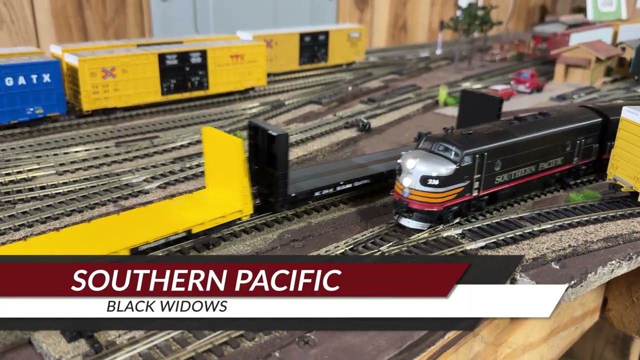 Southern Pacific Black Widows running around. Then a Patched SP-NW-UP-SP running some mixed freight.