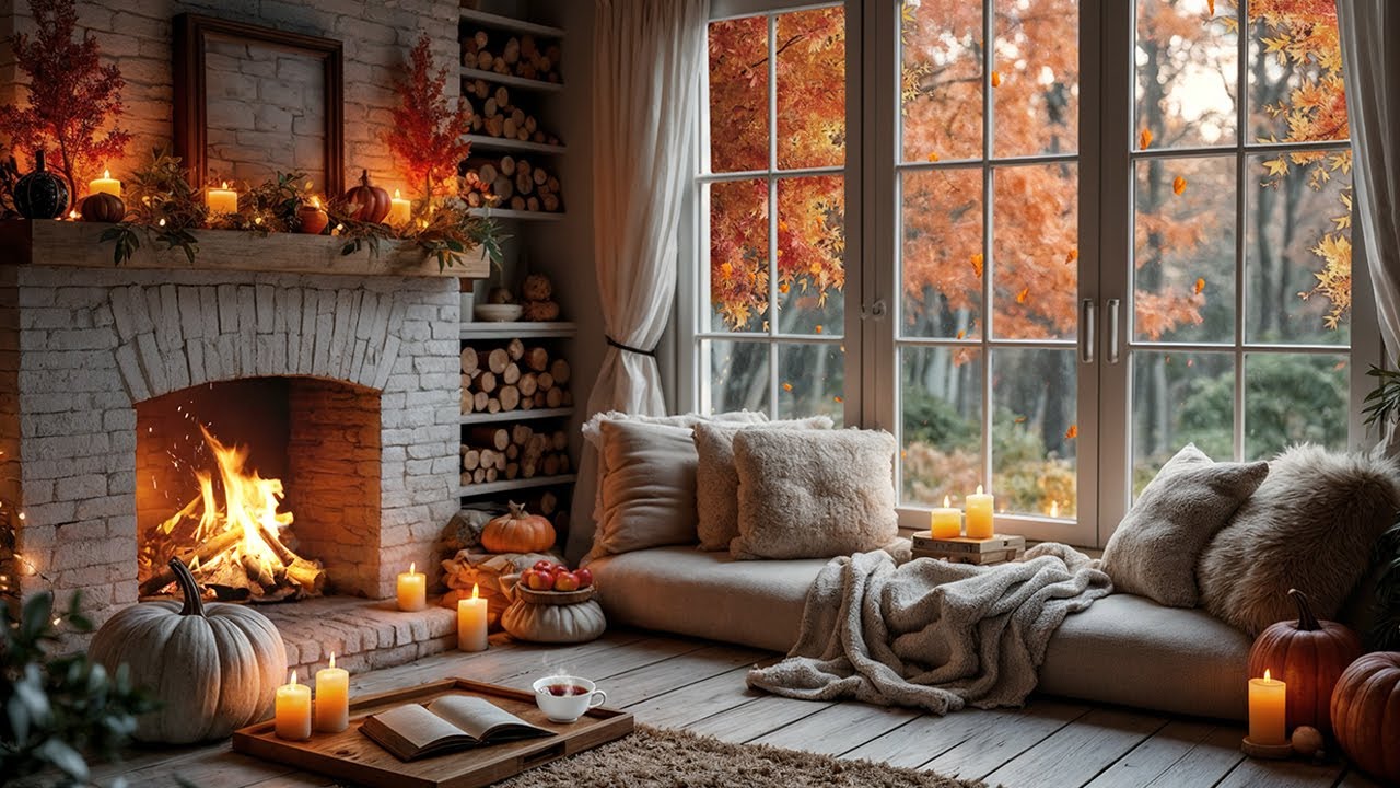 📖🍂 Cozy Autumn Reading Nook | Crackling Fireplace, Falling Leaves & Relaxing Tea Ambience 🔥✨