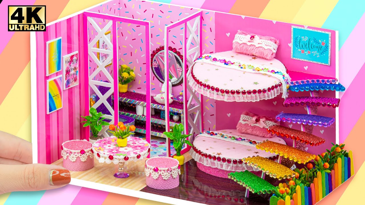 DIY Miniature Cardboard House #6 purple bathroom, bedroom, living room for a family