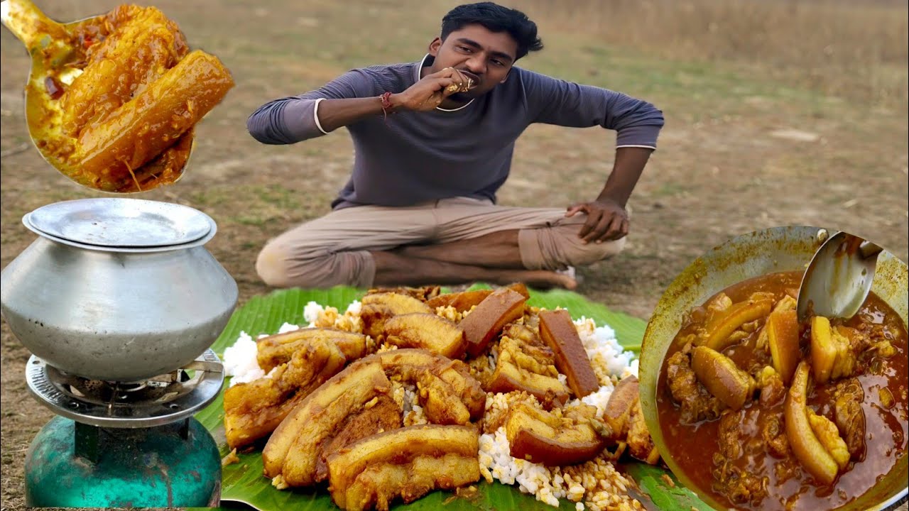 BIG SIZE PORK Piece // Cooking & Eating in Village Style 