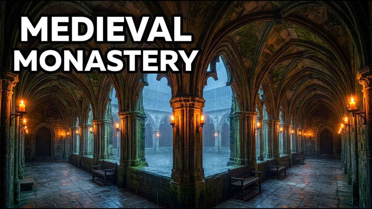 Rain Sounds for Sleep:  Medieval Monastery Cloister at Night