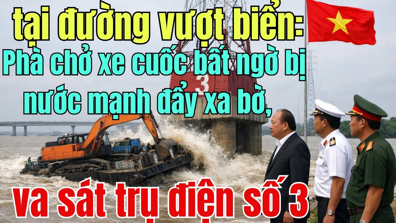 tại đường vượt biển: Phà chở xe cuốc bất ngờ bị nước mạnh đẩy xa bờ, va sát trụ điện số 3