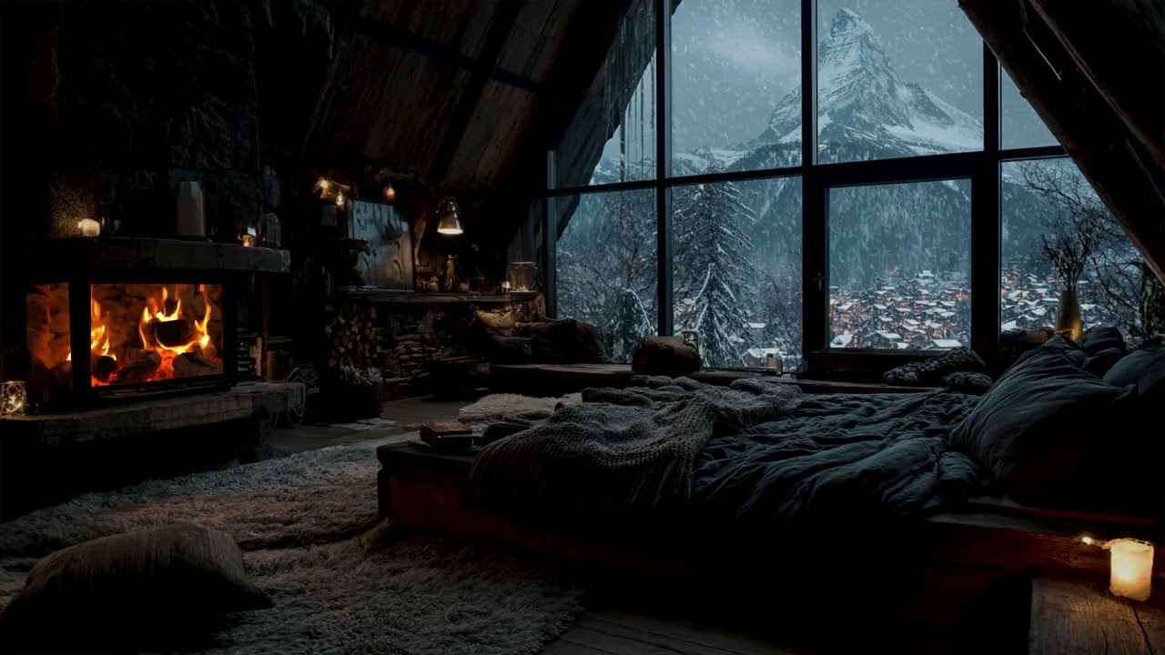 Arctic Chill | Windy Snowstorm Night with Cozy Fireplace Heat & Winter Cabin Atmosphere ❄️