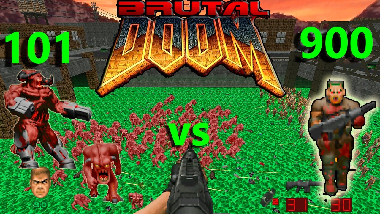 Zombieman vs Pinky Demon vs Cyberdemonlord Infighting Brutal Doom Monster Battle Fight2