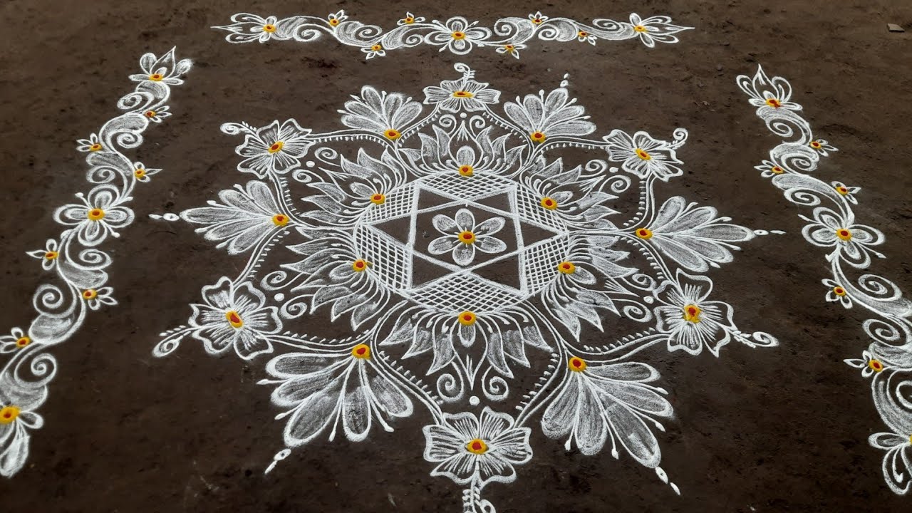5&times;3dots beautiful Friday lotus muggulu with side border design//festival rangoli 