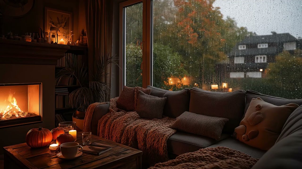 Rainy Window Sounds at Night 🌧️ Fireplace ASMR for Deep Sleep (3 Hours)