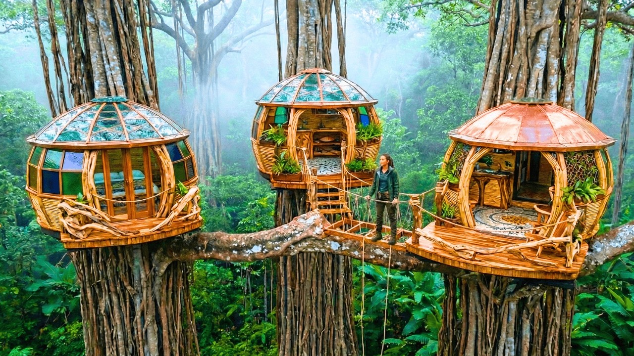 Unbelievable – A Woman Builds 3 Modern Tree Houses Alone in the Forest (ASMR) | Off-Grid Treehouse