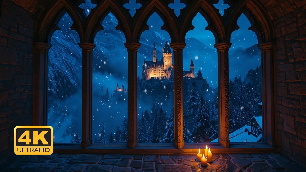 ❄️ Magical Night Castle Window – Heavy Snow & Wind Ambience 4K