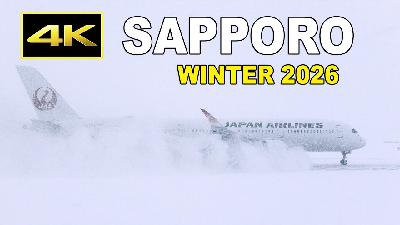 [4K] 雪の新千歳空港、雪煙を巻き上げる旅客機の着陸シーン（2026年1月29日）/ Sapporo New Chitose Airport in winter 2026