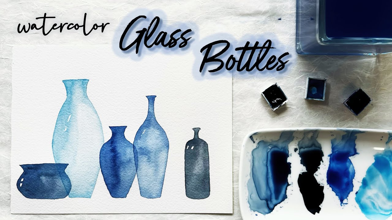 Beginner BLUE Glass Bottles Watercolor Painting | Step-by-Step