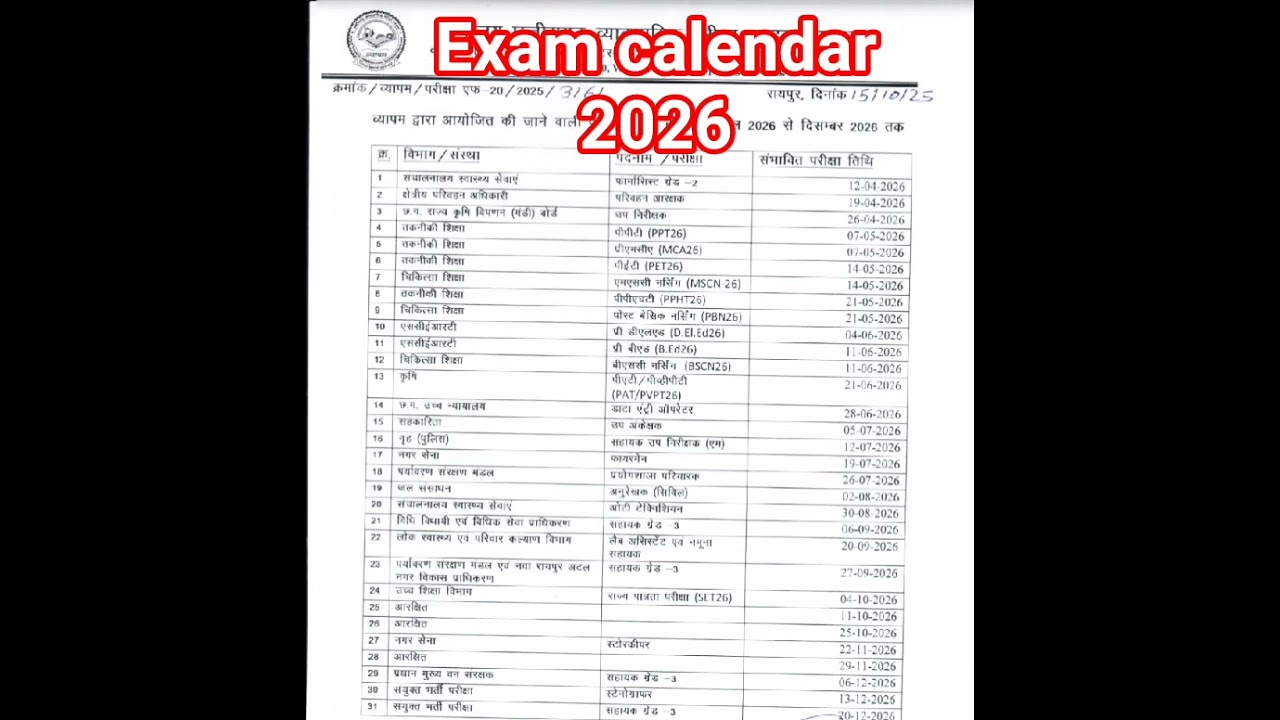 cg vyapam || exam calendar 2026#cgsong #bilaspurchhattisgarh #song