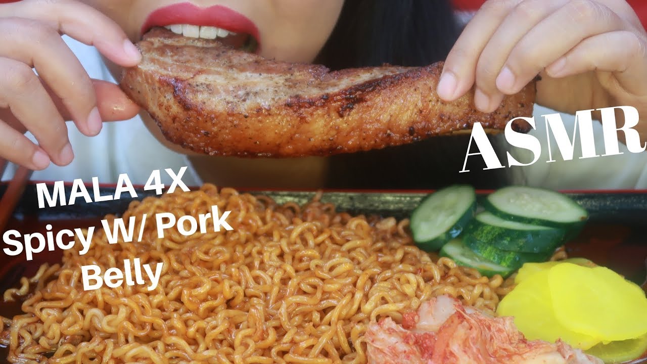 ASMR - MALA 4X Spicy Noodles & Pork Belly (No Talking)