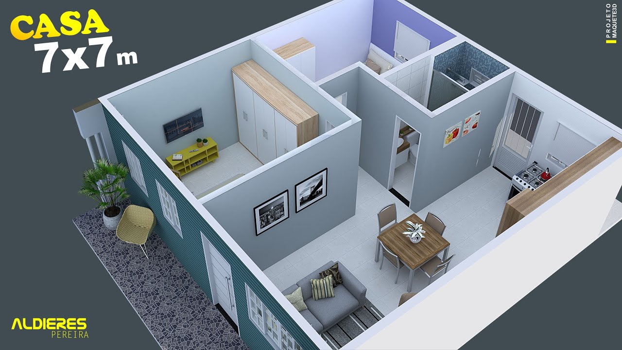 Projeto de Casa Pequena 7x7 metros com 2 quartos - Casa simples, &oacute;tima para morar, casa decorada