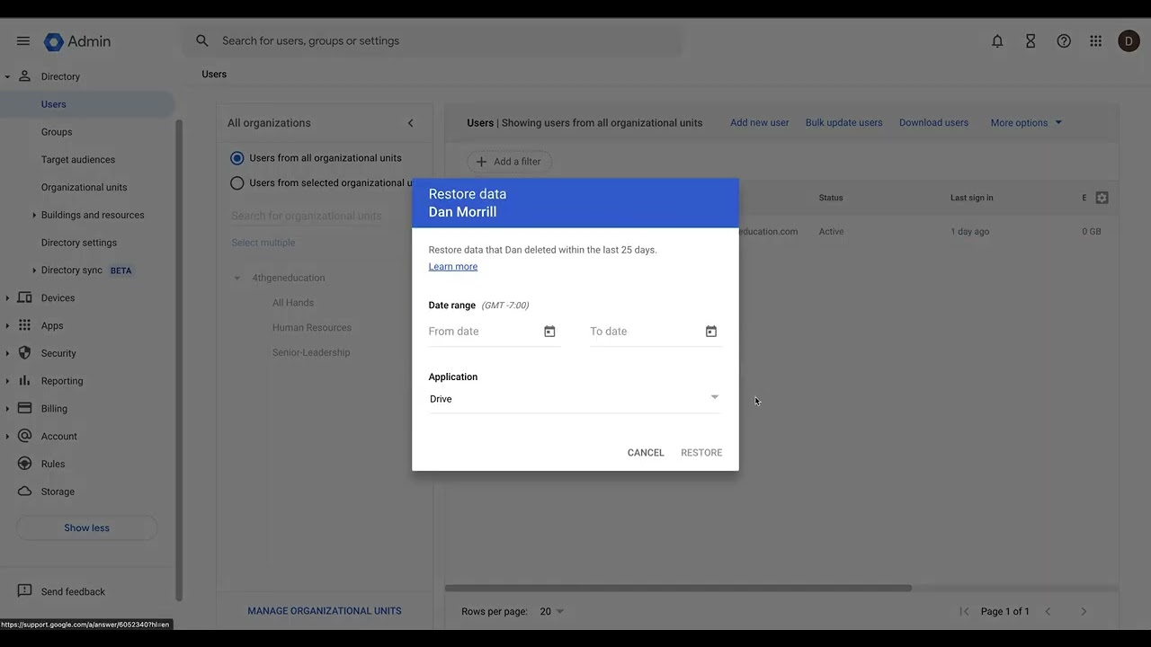 Google Workspace Administraition - How to restore deleted data