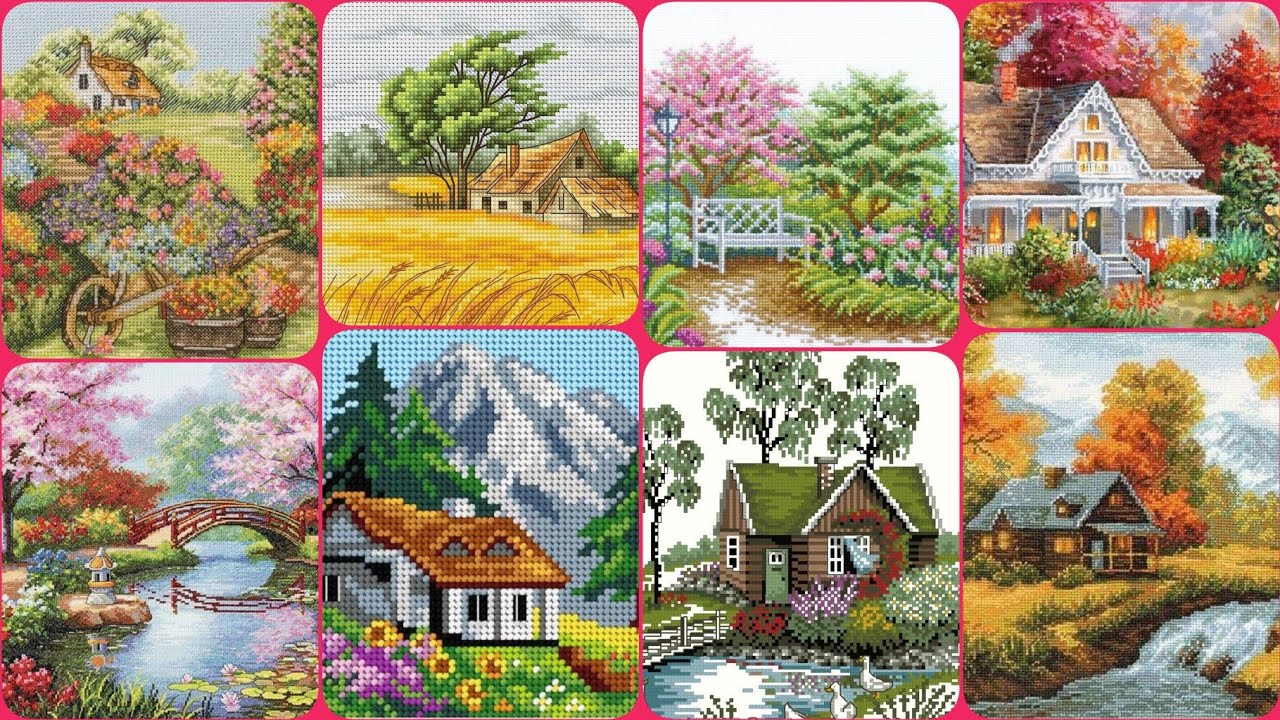 🔝 Amazing Landscape Cross stitch embroidery designs for scenery || countable Charsuti karhai