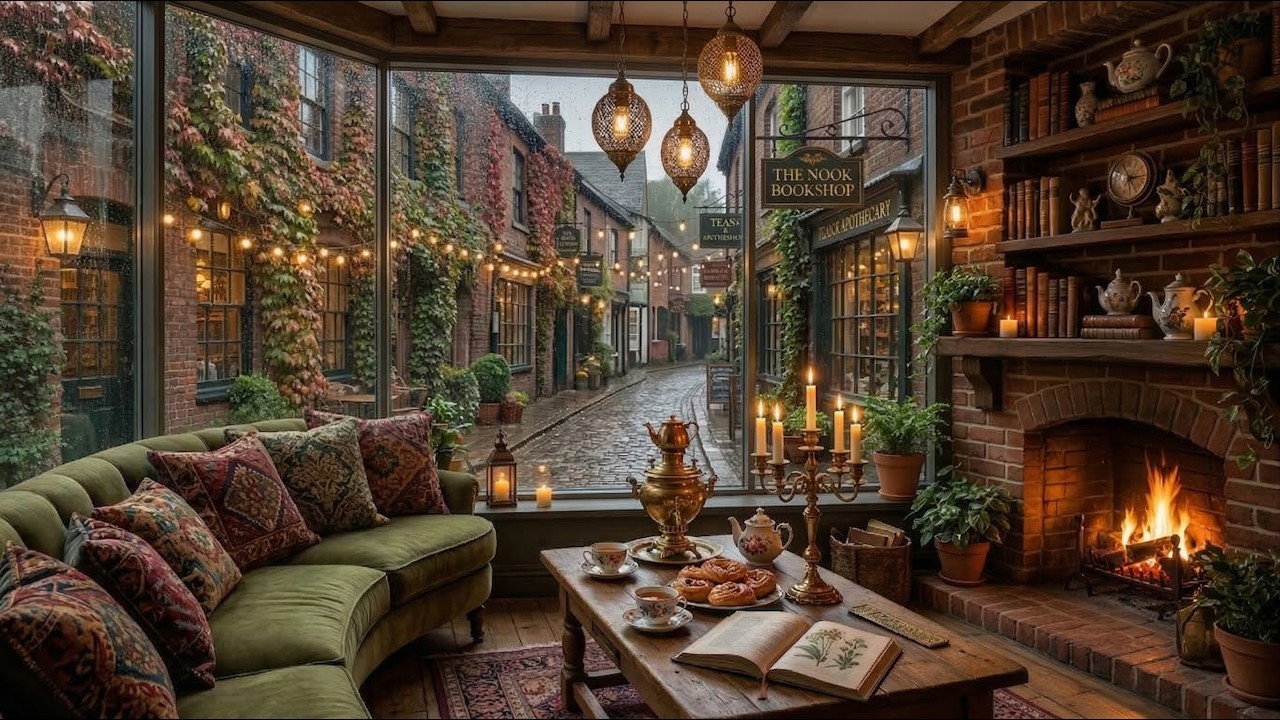 Cozy Coffee Shop in Spring Rain ☕ Soft Jazz Piano & Fireplace Ambience