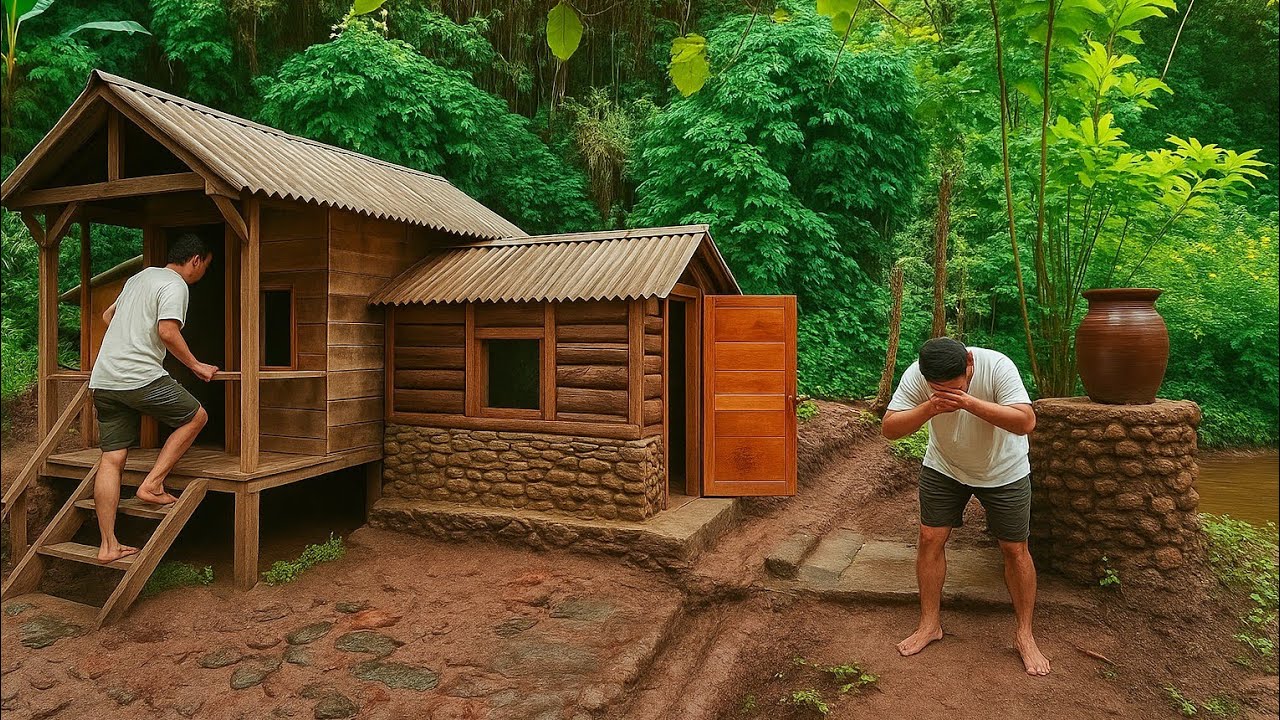 single guy, built a wooden house with a fish pond and vegetable garden