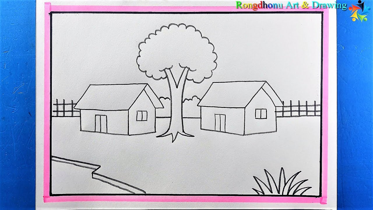Simple rules for drawing village scenes for Beginners  💖💖Village Scenery Drawing with Pencil