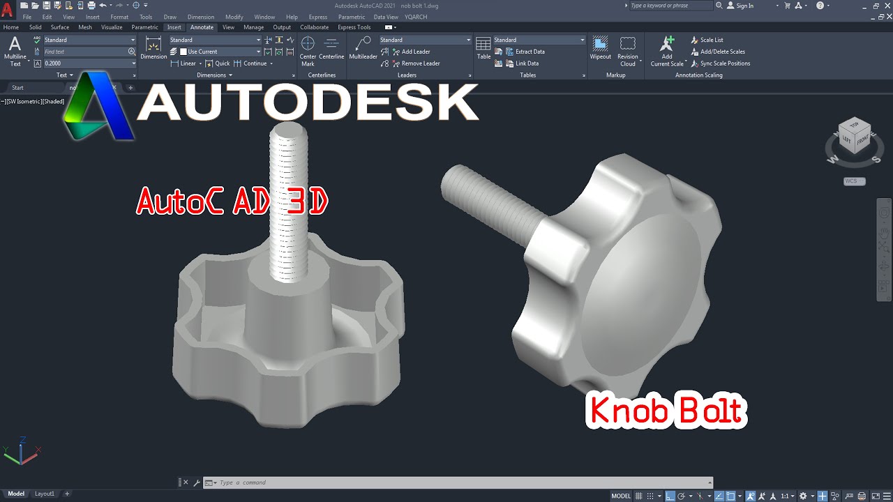 AutoCAD 3D, How to drawing knob bolt, 3D Modeling, Autodesk, sketches