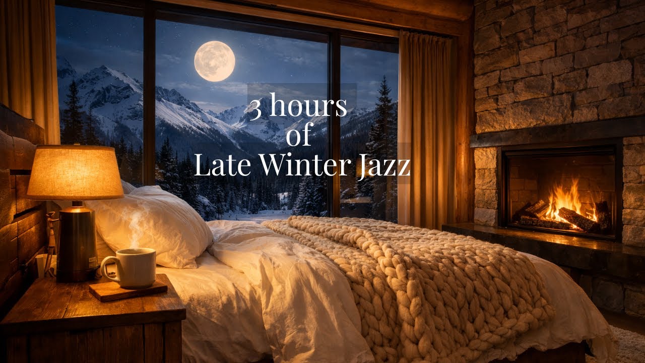 Cozy Bedroom Jazz at Night 🌙 Fireplace Crackling & Moonlit Mountains | 3 Hours Sleep Music