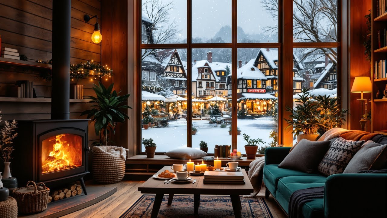 Snowy Winter Coffee Shop Ambience with Smooth Jazz ❄️ Jazz Morning Music & Fireplace for Relaxing