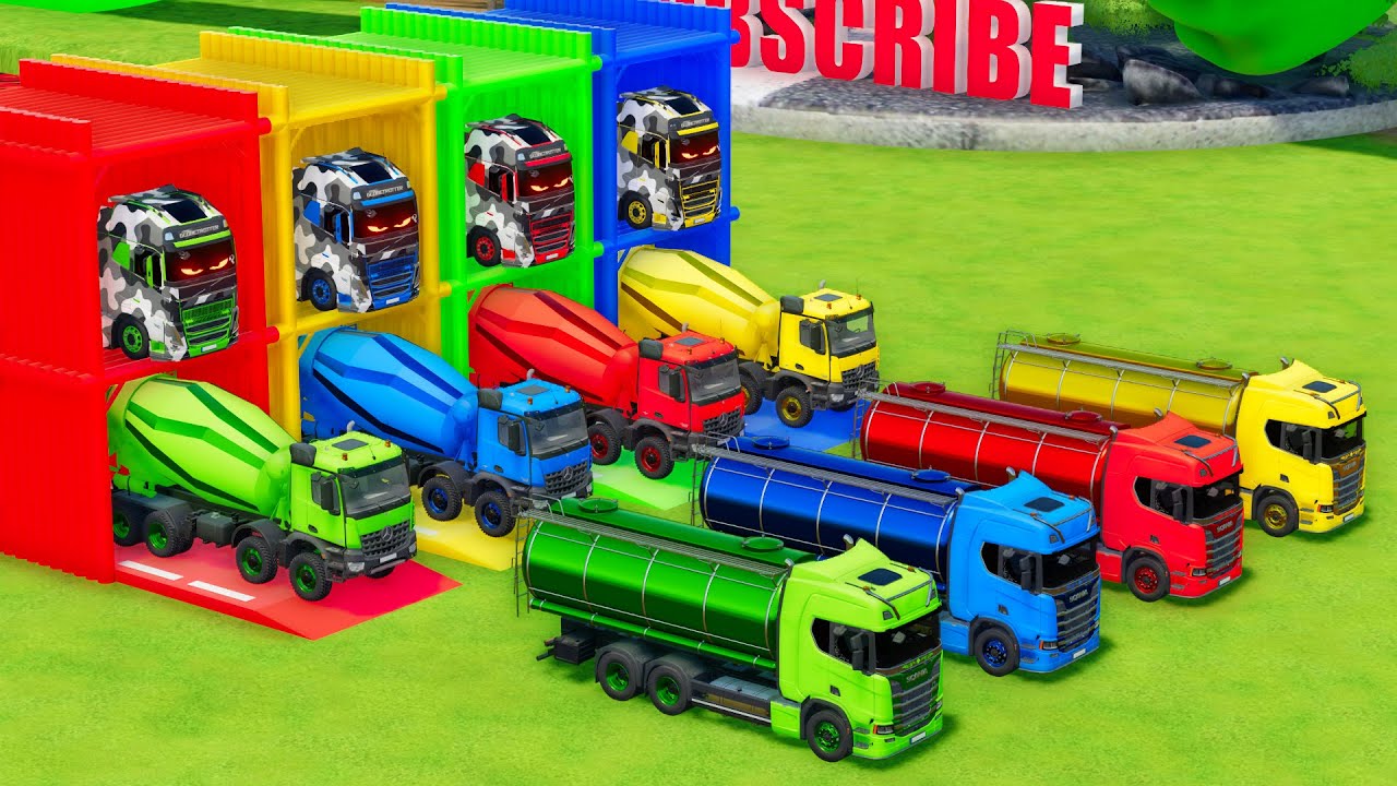 Garage with Colors - ALL MIXER TRUCK WITH DOUBLE FLATBED TRAILER TRUCK, VOLVO, MERCEDES, SCANIA