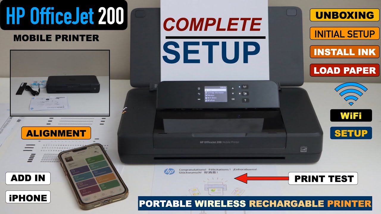 HP OfficeJet 200 Mobile Printer Setup, Unboxing, Install Ink, Alignment, Wireless Setup & Print Test