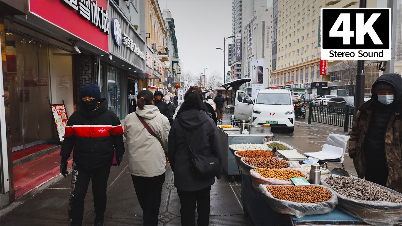 A snowy walk along Dongdazhi Street, Harbin, China - 4K