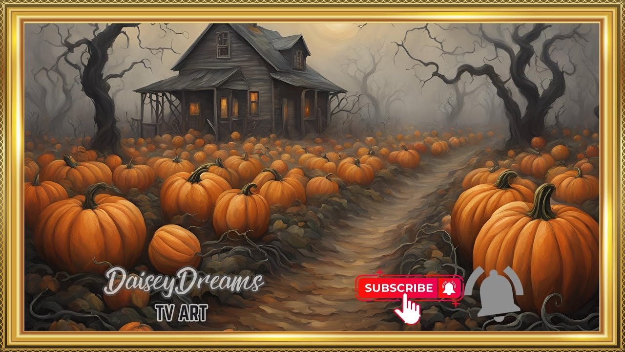 Pumpkins Halloween Painting | Haunted Frame TV Art | Autumn Cottage TV Art | 4K Halloween Wallpaper