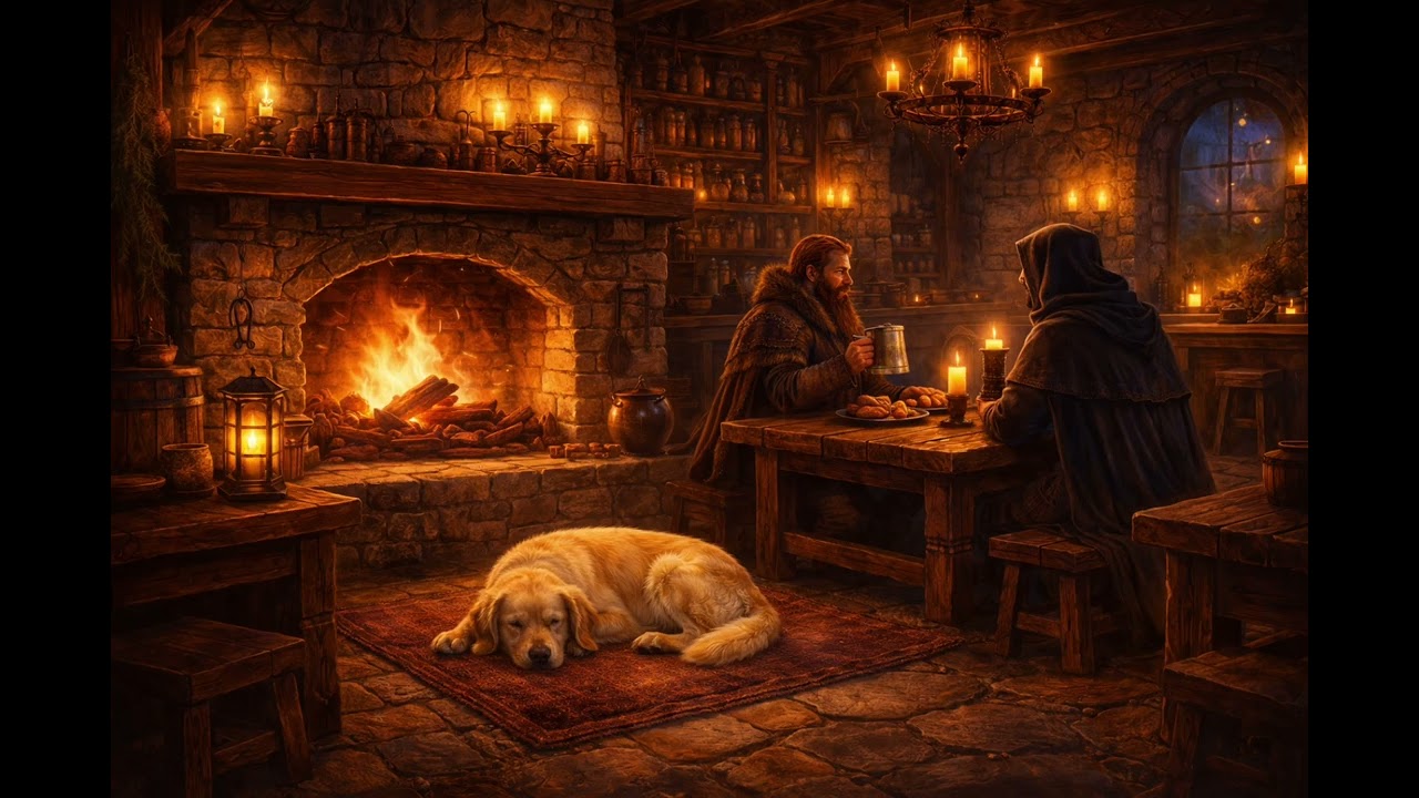 Cozy Fantasy Tavern 🔥 Sleeping Dog by the Fireplace | Dark Medieval Ambience for Sleep & Relaxation