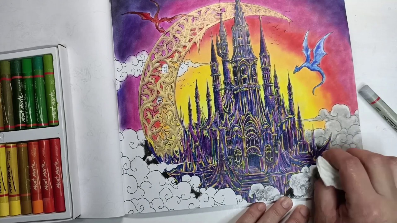 Coloring a fantasy castle with pencils, pan pastels and oil pastels.