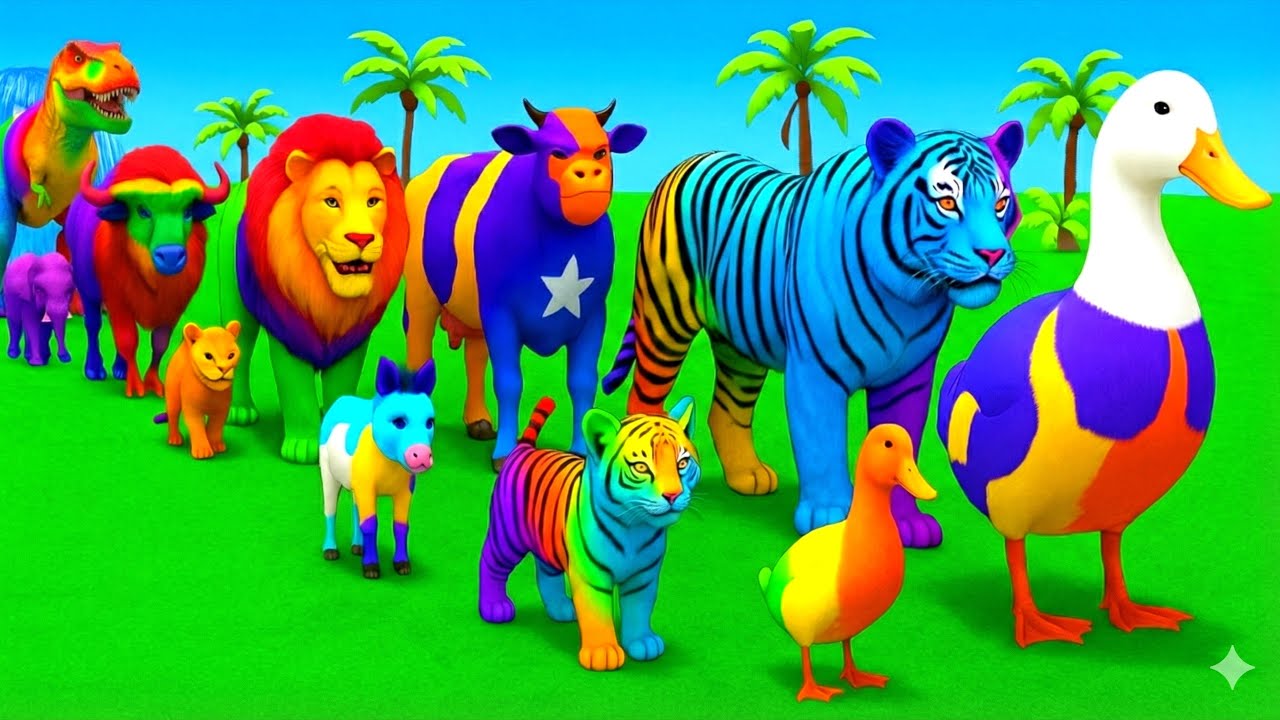 Long Slide Game With Cow Elephant Gorilla Hippopotamus Tiger - 3d Animal Game - Funny 3d Animals