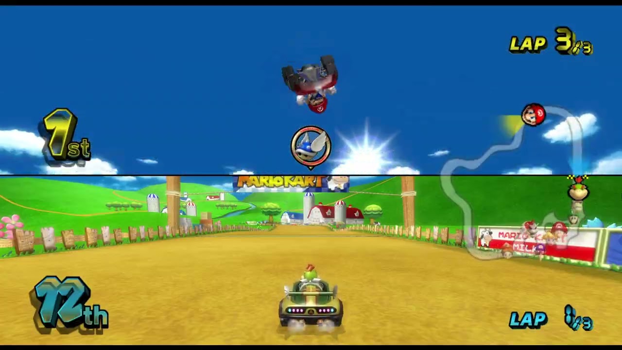 Mario Kart Wii Bowser Jr Loses to Mario in Moo Moo Meadows