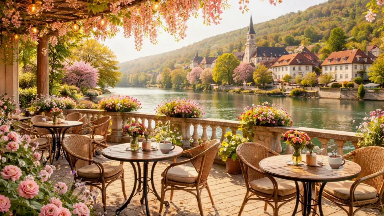 🌸Spring Riverside Bistro Ambience 🌷☕ Relaxing Jazz & 🌿Gentle River Sounds